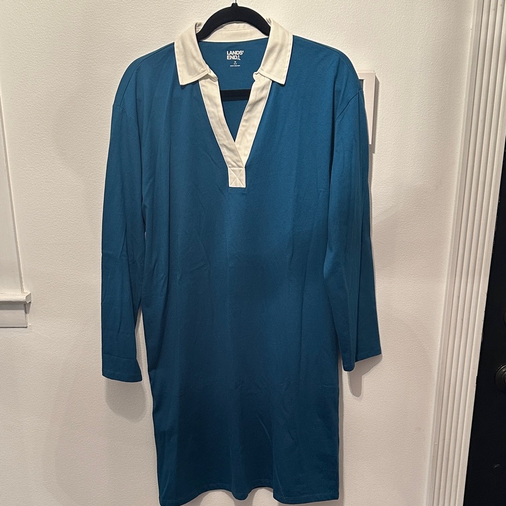 Lands' End Blue and White Long Sleeve Dress Size M